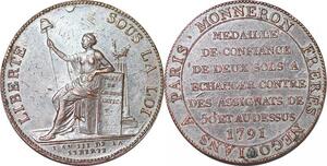P1413 France Médaille 2 Sols Confiance Monneron Liberté 1791 Birmingham Soho XF++