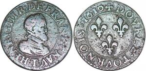 P1520 Rare France Double TournoisHenri IV frappe posthume 1610 Nantes