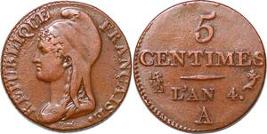 P1596 France 5 Centime Dupré petit module an 4 1795 A Paris ->Faire offre