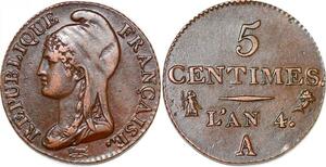 P1605 Rare France 5 Centime Dupré petit module an 4 1795 A Paris SUP >M offer