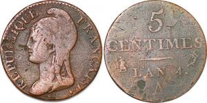 P1607 France 5 Centime Dupré petit module an 4 1795 A Paris ->Faire offre