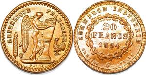 P1713 France Jeton 20 Francs Génie 1894 Cartaux SPL FDC ->Faire offre