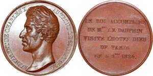 P1867 Rare France  Médaille Charles X Roi accompagne Dauphin Hotel Dieu Paris 1824 SPL