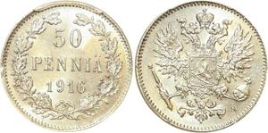 P1883 Finland 50 Pennia Nicholas II 1916 S PCGS MS63 Argent Silver