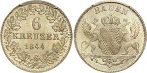 P1904 Germany Rare Baden-Durlach 6 Kreuzer 1844 PCGS MS65 Argent Silver