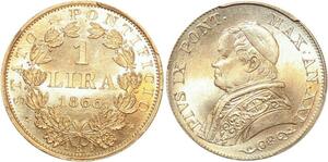 P1909 Very Rare Papal States Vatican Lira Pius IX Pont 1866 R Roma PCGS MS66 Argent Silver