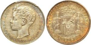 P1918 Spain Rare Un Peseta Alfonso XIII 1896 PG V PCGS AU55 Silver