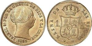 P1921 Spain Un Real Isabel 1855 PCGS MS64 Argent Silver 8 Pointed Star