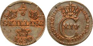 P1929 Sweden 1/6 Skilling Carl XIV Johan 1830 PCGS MS62 UNC !!