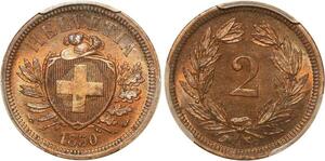P1931 Switzerland Rare Swiss 2 Rappen 1850 A Paris PCGS MS63 RB
