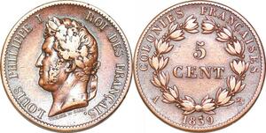 P2166 French Colonies Guyana Guadeloupe 5 Centimes Louis Philippe 1839 A