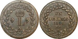 P2215 Rare France Un Décime Louis XVIII 1814 BB Strasbourg PCGS AU53 -&gt; Faire Offre