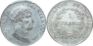 P2227 TRES Rare France 1 Franc Bonaparte Napoleon I AN 12 Paris PCGS AU58 Argent