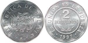 P2466 Bolivia 2 Bolivianos Large type Union Fuerza 1997 UNC ->Make offer