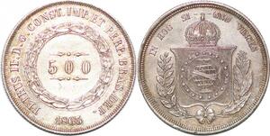 P2474 Brazil 500 Reis Pedro II 1863 Silver AU ->Make offer