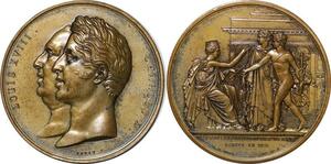 P2520 Rare France Médaille Louis XVIII Charles X Palais Bourse 1825 Desnoyers SUP