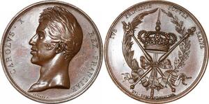 P2572 Rare France Médaille Charles X Avènement Trône 1824 Couronne Desnoyers SPL