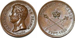 P2782 Rare France Médaille Charles X Avenement trône 1825 Desnoyers SPL