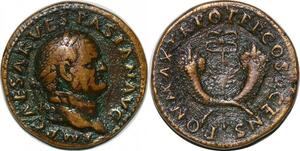 P2977 Roman Empire Vespasian 74 Dupondius Rome Two cornuacopiae caduceus