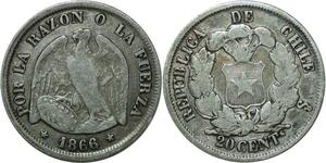 P3001 Chili Chile 20 Centavos 1866 So Santiago Silver ->Make offer