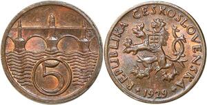 P3028 Czechoslovakia Czech 5 Haleru Lion 1929 UNC ->Make offer