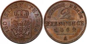 P3077 German States Prussia 2 Pfennig Wilhelm 1862 A AU UNC -> Make offer