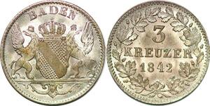 P3085 German States Baden 3 Kreuzer Leopold I 1842 Silver BU UNC ->Make offer