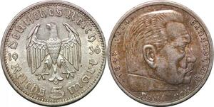 P3095 Germany Third Reich 5 Reichsmark Swastika Hindenburg 1936 A Silver