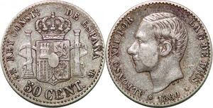 P3109 Spain 50 Centimos Alfonso XII 1880 (80) MS M Madrid Silver ->Make offer