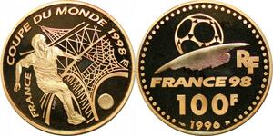 P3358 France 100 Francs World Cup Coupe Monde Football 1996 Or Gold PF BE