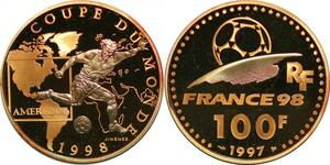 P3359 France 100 Francs World Cup Coupe Monde Football 1997 America Or Gold PF BE