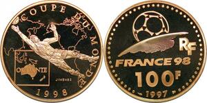 P3360 France 100 Francs World Cup Coupe Monde Football 1997 Oceania Or Gold PF BE