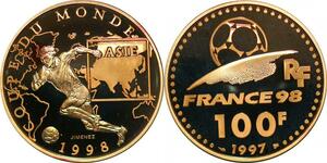 P3361 France 100 Francs World Cup Coupe Monde Football 1997 Asia Or Gold PF BE