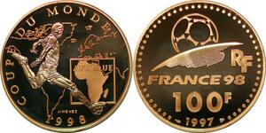 P3362 France 100 Francs World Cup Coupe Monde Football 1997 Africa Or Gold PF BE
