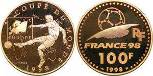 P3363 France 100 Francs World Cup Coupe Monde Football 1997 Europe Or Gold PF BE