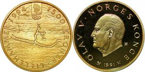 P3364 Norway 1500 Kroner JO Lillehammer 1994 Olav V 1991 K Or Gold