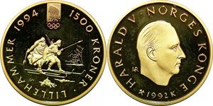 P3365 Norway 1500 Kroner JO Lillehammer 1994 Harald V 1992 K Or Gold