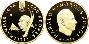 P3366 Norway 1500 Kroner JO Lillehammer 1994 Harald V 1993 K Or Gold