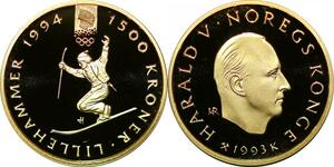P3367 Norway 1500 Kroner JO Lillehammer 1994 Harald V 1993 K Or Gold