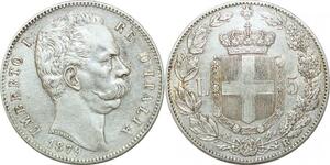 P3374 Scarce Italy Savoia 5 Lire Umberto I 1879 R Roma Silver AU