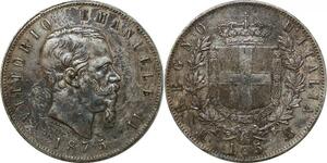 P3381 Scarce Italy 5 Lire Vittorio Emanuele II 1875 M Milano Silver AU-