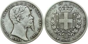 P3383 Scarce Italy 5 Lire Vittorio Emanuele II 1851 Eagle Milan Milano Silver