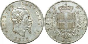 P3390 Scarce Italy 5 Lire Vittorio Emanuele II 1871 M Milan BN  Silver AU