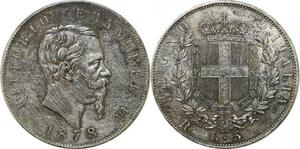 P3391 Scarce Italy 5 Lire Vittorio Emanuele II 1878 R Roma Silver AU