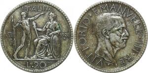 P3392 Scarce Italien Italy 20 Lire Victtorio Emanuele III 1928 Jahr VI Silver