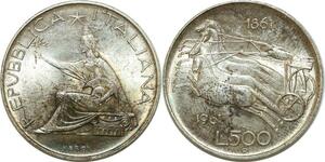 P3403 Italy 500 Lire 1961 R Roma 100 Year Republic Silver UNC -> M offer
