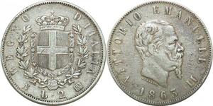 P3405 Italy 2 Lire Vittorio Emanuele II 1863 N Napoli BN Silver XF