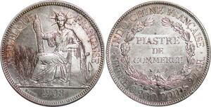 P3431 Scarce French Indochina Piastre 1908 A Paris Silver AU