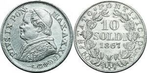 P3466 Vatican 10 Soldi Pius IX 1867 Anno XXII R Roma Silver ->M offer