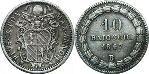 P3467 Vatican Papal States 10 Baiocchi Pius IX 1847 Roma Silver XF